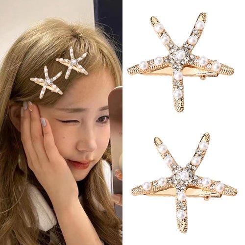 Starfish Hair Clips Seastar Bridal Hair Barrettes for Bride Wedding Head Pieces for Women Rhinestone Star Hairpins for Bridesmaid Flower Girl 2 Pcs