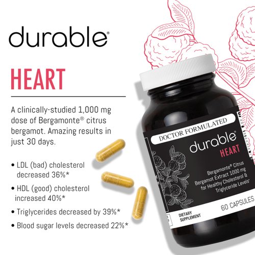 Durable Heart 1,000 mg Extra-Strength Bergamonte Citrus Bergamot & Olive Leaf Extract + Non-GMO Vitamin C - Natural Heart Supplements, Healthy Cholesterol Support - Made in USA (1 Bottle)