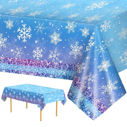 2 Pcs Winter Snowflake Tablecloth Plastic - Disposable Frozen Table Cloth, Purple Blue Rectangle Winter Wonderland Table Cover for Christmas Winter Holiday Table Decor Party Supplies Favors,54x108Inch