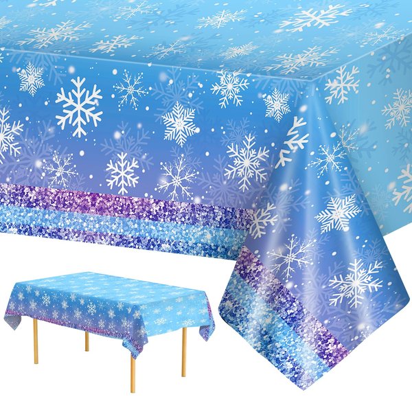 2 Pcs Winter Snowflake Tablecloth Plastic - Disposable Frozen Table Cloth, Purple Blue Rectangle Winter Wonderland Table Cover for Christmas Winter Holiday Table Decor Party Supplies Favors,54x108Inch