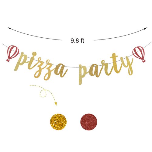 Pizza Party Banner,Pizza Party Time - Gold Gliter Baby Shower or Birthday Party Bunting Banner/Home Party/Fiesta/Birthday/Retirement/Italian Themed Party Decorations Paper Sign