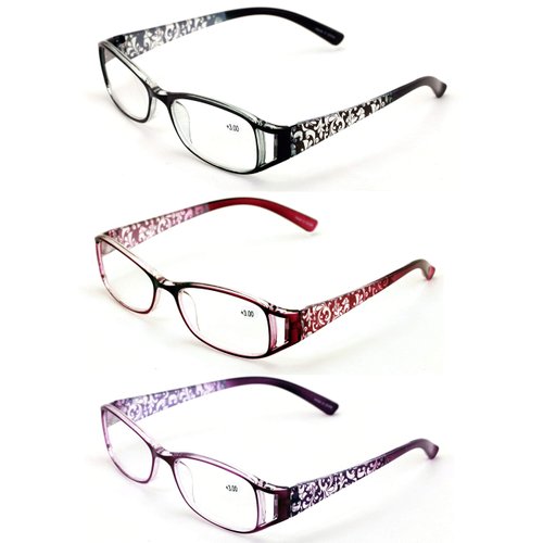 V.W.E. 3 Pairs Women Rectangular Floral Readers - Fashion Reading Glasses Magnification (3 Pairs (Black/Maroon/Purple), 2.25)