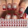 Christmas Press on Nails Short Square with French Glitter Design,Snowflake Fake Nails Red Glossy Sparkly Silver Xmas Nail White Snow Full Cover Glue on Nails False Nail Winter Stick on Nails for Women