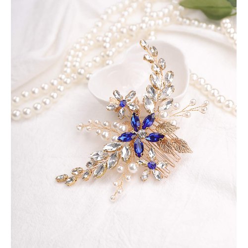 Aimimier Bridal Sapphire Crystal Hair Comb Pearl Blue Crystal Leaf Marquise Hair Piece Prom Party Festival Wedding Hair Accessories for Women and Girls (Gold)