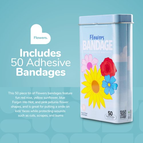 BioSwiss Bandages, Flowers Shaped Self Adhesive Bandage, Latex Free Sterile Wound Care, Fun First Aid Kit Supplies for Kids and Adults, 50 Count
