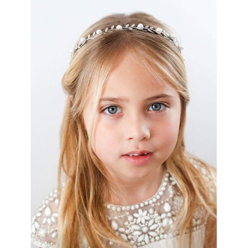 SWEETV Flower Girl Headpiece Silver Pearl Girls Headband for Wedding Princess Hair Accessories for Birthday Party, First Communion
