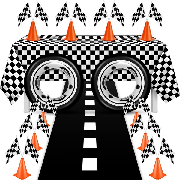 Remagr 24 Pcs Race Car Theme Birthday Party Supplies, 8 Pcs Traffic Cones, 12 Pcs Black and White Checkered Flags, 2 Pcs Inflatable Tire Tubes, Black Floor Runner, Checkered Tablecloth(Classic Style)