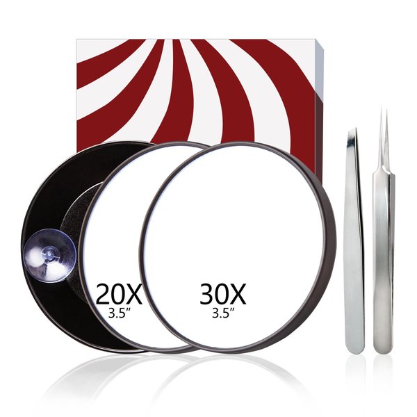 Magnifying Mirror, 30X Magnifying Mirror with Suction Cup, Compact Mirror with 30X & 20X Magnification Mirror, Travel Makeup Mirror with Precision Tweezers 2pcs, Tweezers for Women Facial Hair 3.5IN
