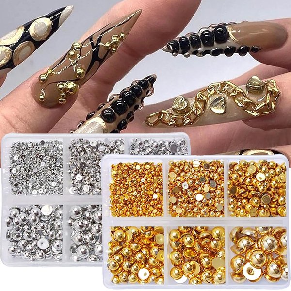KAAGEE Gold Silver Pearls for Nails 3D Half Round Pearl Nail Charms Punk Nail Pearls for Nail Art Retro Metal Nail Studs Flat Back Pearl Nail Beads Nail Decorations for Nail Art (2 Boxes)