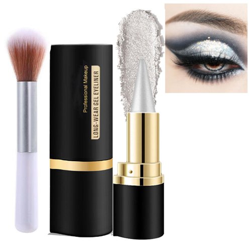 Gel Eyeliner Pencil, Ayky Long Wear Gel Eyeliner with Makeup Brush Natural Black Eyeliner Cream Waterproof Cat Eye Makeup Stencil Smokey Eyeshadow Palette Stick Smudge Proof (Silvery)