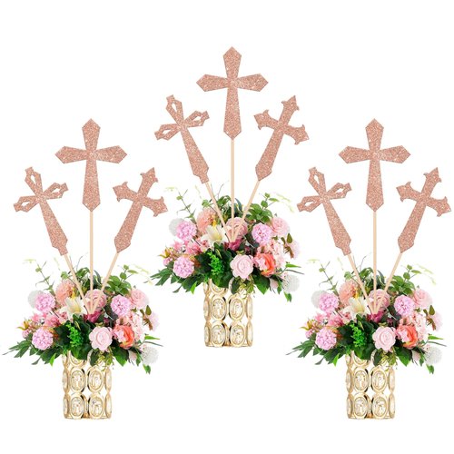 12 Pack Cross Centerpiece Sticks Glitter God Bless Christianity Table Centerpiece Sticks for Religious Theme Baby Shower First Holy Communion Party Supplies Rosegold