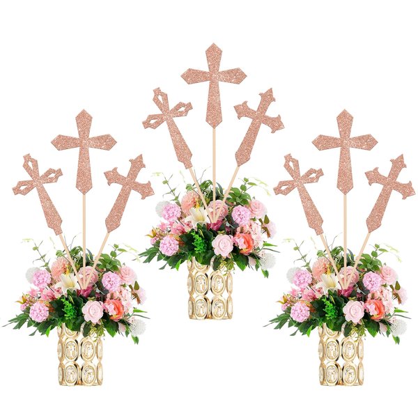 12 Pack Cross Centerpiece Sticks Glitter God Bless Christianity Table Centerpiece Sticks for Religious Theme Baby Shower First Holy Communion Party Supplies Rosegold