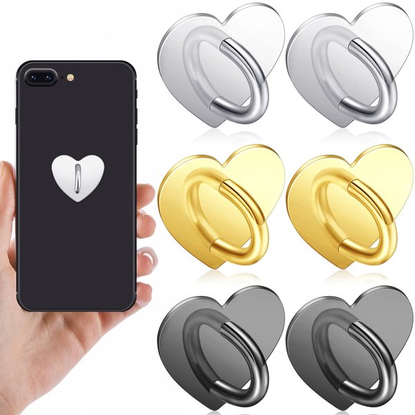 Moxweyeni 6 Pcs Cell Phone Ring Holder Stand Phone Ring Holder Adhesive Metal Phone Finger Grip Universal Ring Holder for Cell Phone Tablet, Sticky Phone Charms Accessories (Heart Shaped)