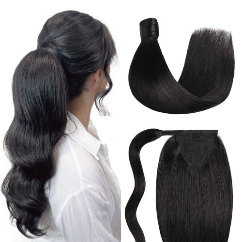 SUYYA Ponytail Human Hair Wrap Around Clip in Hair Piece Ponytail Extension Human Hair Straight Human Hair Ponytail Extensions with Magic Paste 80G 16 Inch #1B Natural Black