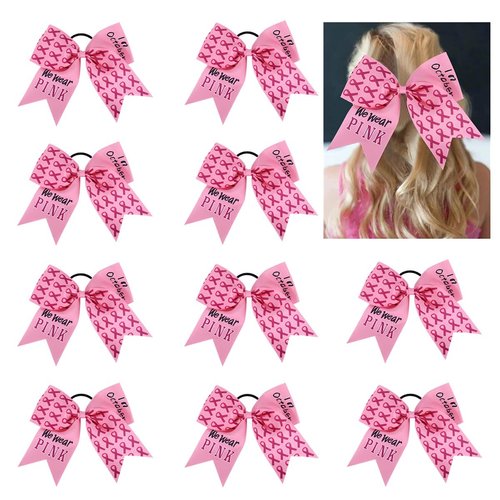 10 Pcs Pink Glitter Hair Bows for Breast Cancer Awareness - Grosgrain Ribbon Cheer Bows, Team Gift for Teens
