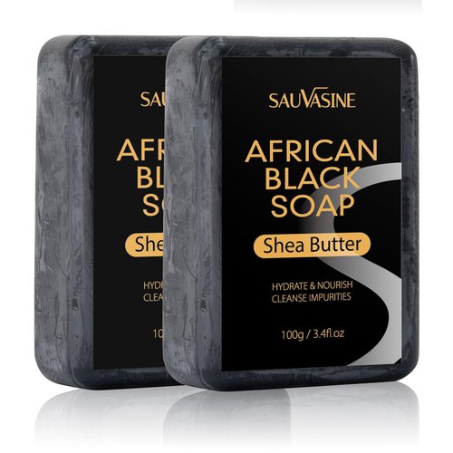 Lanthome Organic African Black Soap for Face and Body Soap Bar Gentle Handmade Soap for Acne & Dark Spots, Smooth Skin with Shea Butter 100g*2pcs