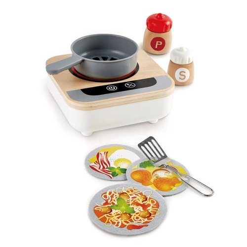 Hape Fun Fan Fryer | Wooden Tabletop Stove with Fan, Kitchen Playset for Preschoolers, Includes Salt and Pepper Shakers, Six Recipes and More