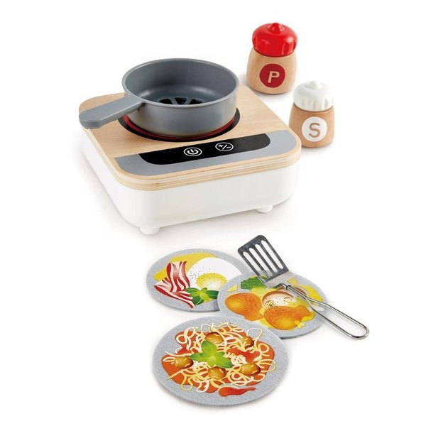 Hape Fun Fan Fryer | Wooden Tabletop Stove with Fan, Kitchen Playset for Preschoolers, Includes Salt and Pepper Shakers, Six Recipes and More