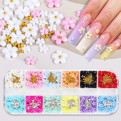 3D Flower Nail Charms and Metal Caviar Beads,Nail Art 3D Acrylic Flowers Nail Charms Nail Design Supplies Decoration Accessories DIY Nail Decoration in 12 Compartment Box