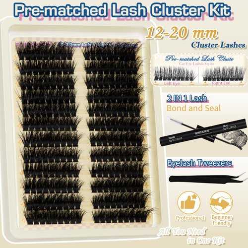 Fluffy Lash Extension Kit 12-20mm 80D Thick Volume Lashes Left & Right Lash Clusters Cat Eye Lash Extensions Kit Cluster Eyelash Extensions Eyelash Clusters with Lash Bond and Seal and Lash Tweezers