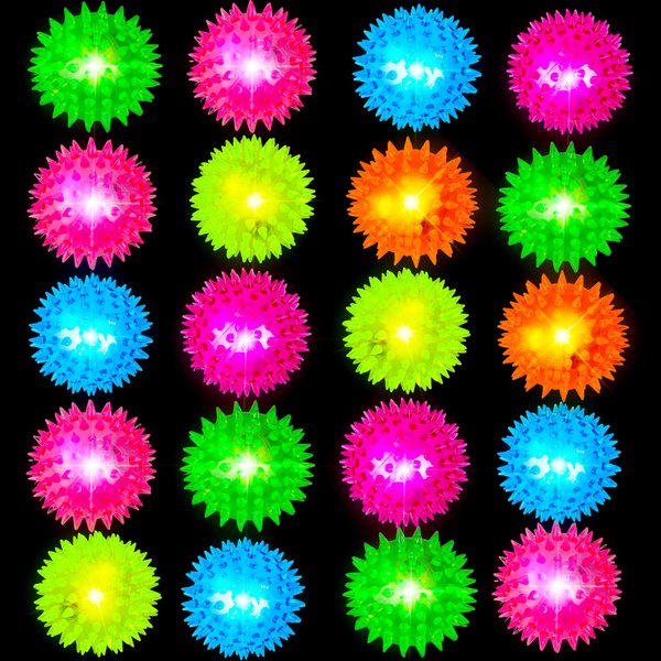 Rcanedny 20 Pcs LED Bouncy Ball Light up Fidget Spiky Ball Funny Flashing Squeaky Ball for Clsssroom Rewards Birthday Christmas Carnival Party Favors, 4 Colors