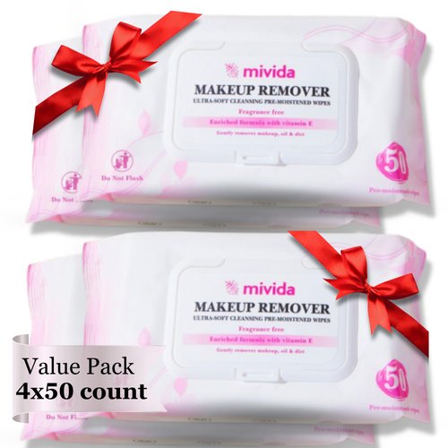 mivida Hypoallergenic Makeup Remover Wipes with Vitamin E | 4x50 count Total 200 bulk make up removing Wipes | Fragrance Free makeup wipes