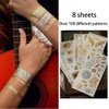 8 Sheets Metallic Gold Temporary Tattoos, Muulaii Shimmer Waterproof Fake Tattoos Long Lasting Gold Silver Glitter Stickers in Bracelets, Back, Wrist and Arm Bands