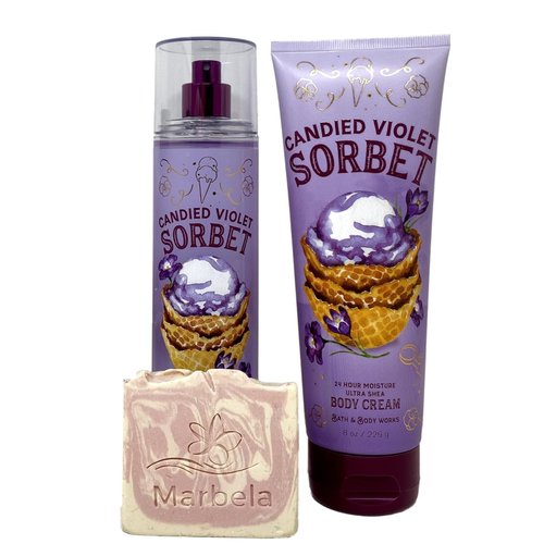 Bath & Body Works Candied Violet Sorbet Duo Gift Set - Fragrance Mist ,Body Cream, with a Himalayan Salts Springs Sample Soap