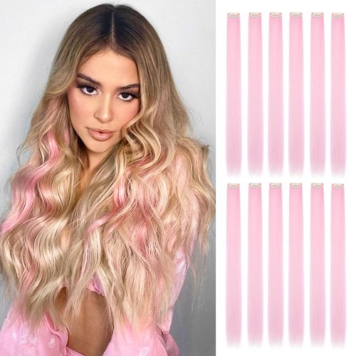 Wodelanle 12 PCS Colored Pink Hair Extensions Clip in Hair Extensions Colorful 24 Inch Straight Synthetic Hairpiece Colored Hair Extensions for Kids Girls Women Party Highlights