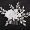 Teyglen White Flower Wedding Hair Comb Sparkly Silver Rhinestone Hair Piece Crystal Bridal Side Comb with Flower Floral Hair Accessories for Women(Silver)