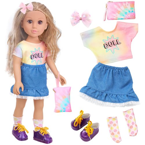 AK KYC 18 Inch Girl Doll Playset with Doll Clothes and Accessories Including 18 Inch Doll T-Shirt Denim Skirt Shoes Handbag Socks Bow Headwear for Little Girl