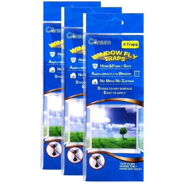 Garsum Window Fly Traps Indoor, Fly Paper Bug Sticky Strips, House Fly Killer Window Decal Non-Toxic,4 Piece per Pack Total 12 Pices