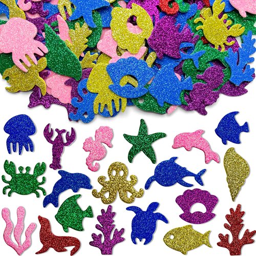 QSCFKL 400 Pieces Ocean Sea Animal Foam Stickers, Glitter Colorful Sea Animals Shapes Foam Stickers, Self-Adhesive Foam Stickers for Arts Crafts Ocean Theme Party Favors Decoration Home DIY Supplies