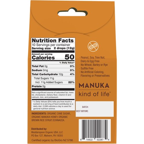 Wedderspoon Organic Manuka Honey Drops, Honey & Echinacea, 20 Count (Pack of 1) | Genuine New Zealand Honey | Perfect Remedy For Dry Throats