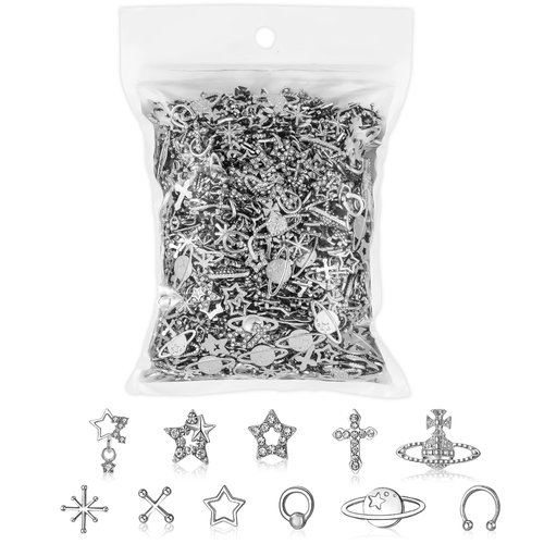 Nail Charms - 110 PCS Nail Charms Bulk Set with Star Nail Charms Bling Cross Cute Planet Alloy Nail Charms and Gems 3D Silver Y2K Nail Charms with Rhinestones Nail Art Accessories