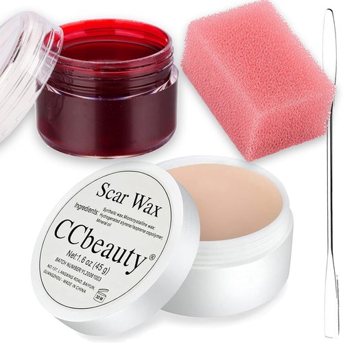 CCbeauty Halloween SFX Special Effects Makeup Kit Fake Wound Moulding Scar Wax(1.6 Oz) with Spatula Tool+Scab Blood(1Oz)+Stipple Sponge for Vampire Zombie Stage Fake Cuts Nose Makeup, Fair Skin