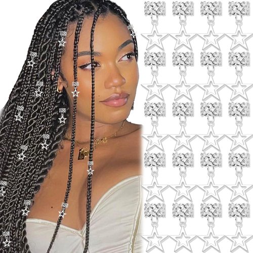 NAISKA 20PCS Silver Star Braid Clips Hair Jewelry for Braids Dreadlock Accessories Star Hair Clips Hair Charms Hair Cuffs Loc Jewelry Hair Decoration for Women Girls