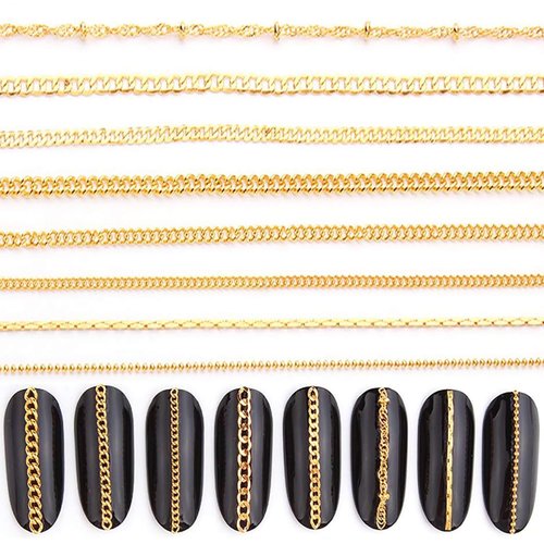 JERCLITY 8 Strips 19.7in Gold Nail Chains for Nail Art 3D Gold Nail Charms Metal Nail Art Chains Punk Nail Studs Jewelry Accessories for Women Nail Art