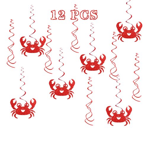 Maicaiffe Crab Birthday Hanging Swirl Decorations - Glitter 12 Pcs Ocean World Sea Animal Party Supplies - Baby Shower Streamers - Cute Crab Party Foil Swirls Ceiling Decorations