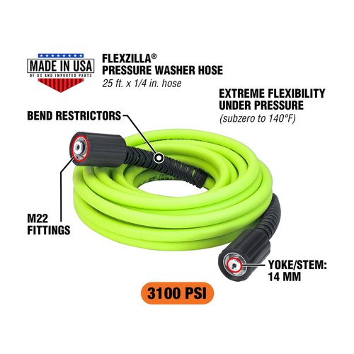 Flexzilla Pressure Washer Hose with M22 Fittings, 1/4 in. x 25 ft., ZillaGreen - HFZPW3425M-E