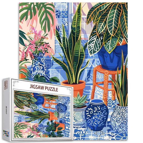 Colorful Potted Plants 1000 Piece Puzzle Featuring Colorful Gardens Illustrations Green Leaves Floral 1000 Piece Puzzle Fun Challenging Unique Gift Vintage Ancient Ceramic Puzzles