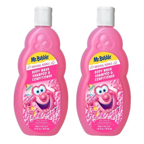 Mr. Bubble Kids Original 3in1 Shampoo, Conditioner, Body Wash – Hypoallergenic, Tear Free Bubble Gum Scented, Creates Big Bubbles In The Tub And Shower (Pack Of 2 Bottles, 16 fl oz Each)