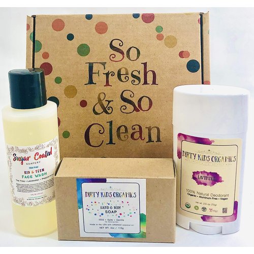 Organic Kids Deodorant + Tear Free Teen Acne Face Wash Cleanser + Shampoo Body Wash Bar Soap Tea Tree Childrens Gift Set (Daily Hygiene Kit) Children Boys Girls Kid Teens Tweens (Lavender (Girls))