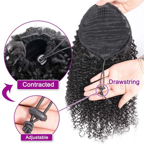 Kinky Curly Drawstring Ponytail Human Hair Extensions 14 inch Afro Curly Drawstring Ponytail Extension for Black Women Remy 10A Grade Brazilian Clip In Pony Tail Hairpiece 120g (14 Inch,Natural Color)