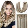 EYEFULL STELL Clip in Hair Extensions Real Human Hair 16 inch 120g 7PCS Natural Straight Remy Ash Brown Highlights Platinum Blonde Clip on for Women Invisible Double Weft Layered Thick Clip ins Hair