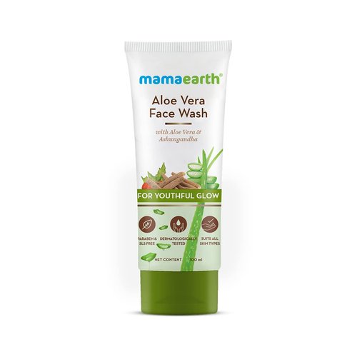Mamaearth Aloe Vera Face Wash with Ashwagandha | Dirt & Excess Oil Cleanser | Gives Natural Youthful Glow | Gentle Formula for Hydrated Skin | 3.38 Fl Oz (100ml)
