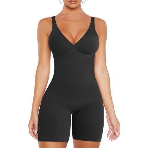 VVX Shorts Bodysuit for Women Tummy Control V Neck Shapewear Seamless Sexy Butt Lifting Bodycon One Piece Short Jumpsuit - Black M
