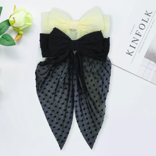 GOORAIFU Hair Bows for Women, 2pcs Black Beige Hair Clips Girls, Hair Barrettes with Long Tail Chiffon Ribbons Cute Hair Accessories