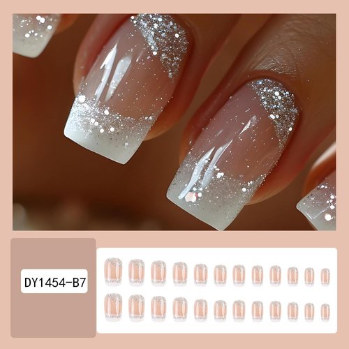 24Pcs French Tips Press on Nails Short Square Fake Nails Acrylic Nails White False Nails with Star Glitter Design Glossy French Nude Glue on Nails Stick on Nails for Women and Girls Nail Decorations