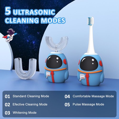 FTOYIN Kids U Shaped Electric Toothbrush with 3 Brush Heads, Sonic Toothbrush Kids with 5 Modes, 45s Smart Reminder Cartoon Astronauts 360-Degree Cleaning IPX7 Waterproof Design for Age 2-12